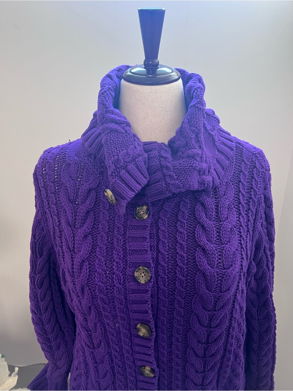 Lands’ End Womens Heavy Fisherman Knit Cotton Cardigan XL Petite Purple Royal
